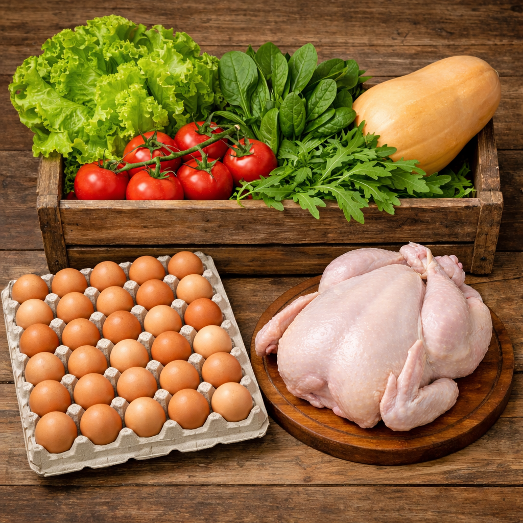 Combo pollo pastoril, huevos de gallinas felices, verduras orgánicas